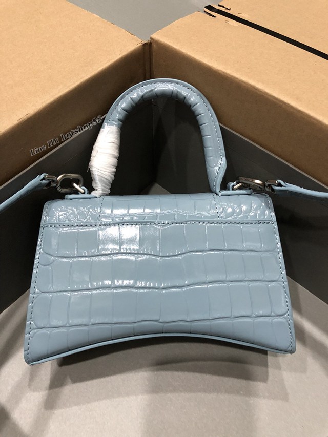 Balenciaga專櫃爆款小號手提女包 巴黎世家鱷魚淺藍色銀扣Hourglass沙漏包 fyj1655